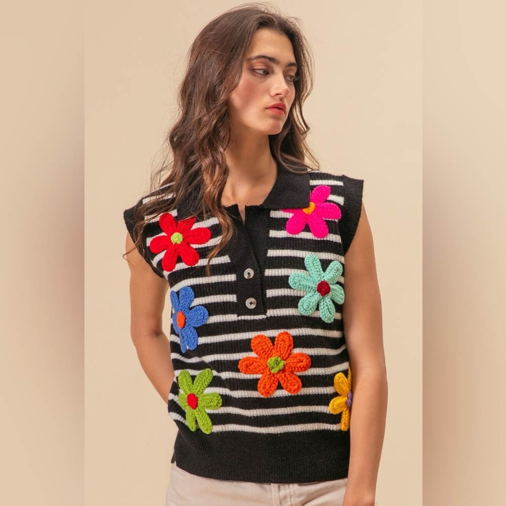 Bibi Flower Patch Striped Half Button Sweater Vest - image 1